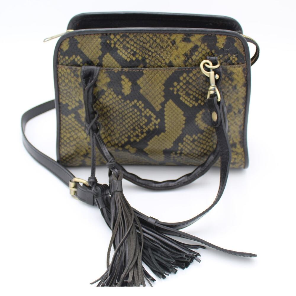 Patricia Nash Crossbody Bag Leather Green Black Embossed Tassel Boho Tote Purse